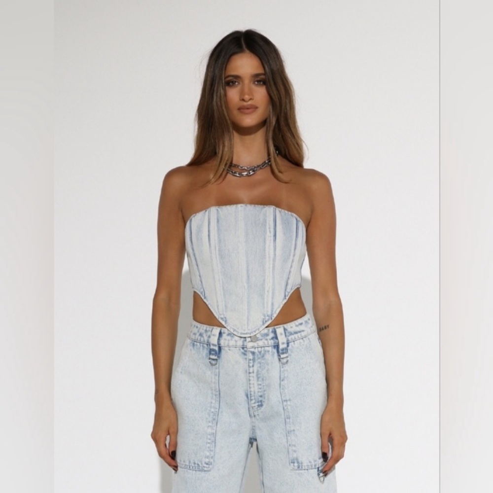 BY.DYLN X REVOLVE Bella Boned Denim Corset Crop Top Light Stonewash S